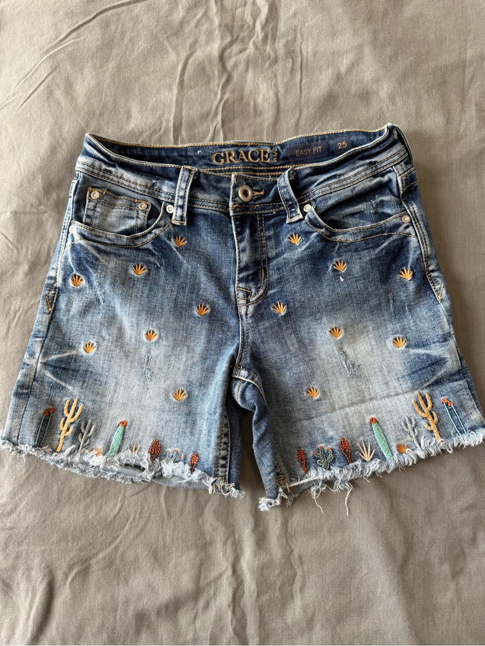 Grace in LA Blue Embroidered Desert Cactus Jean Shorts